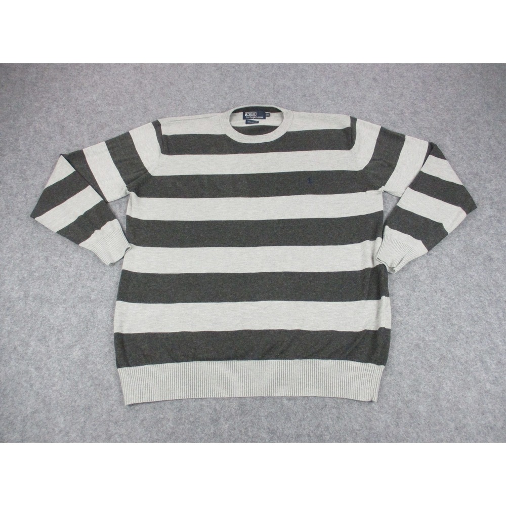 Polo Ralph Lauren Sweater Mens 2XL XXL Gray Striped Crew Neck Cotton Pullover